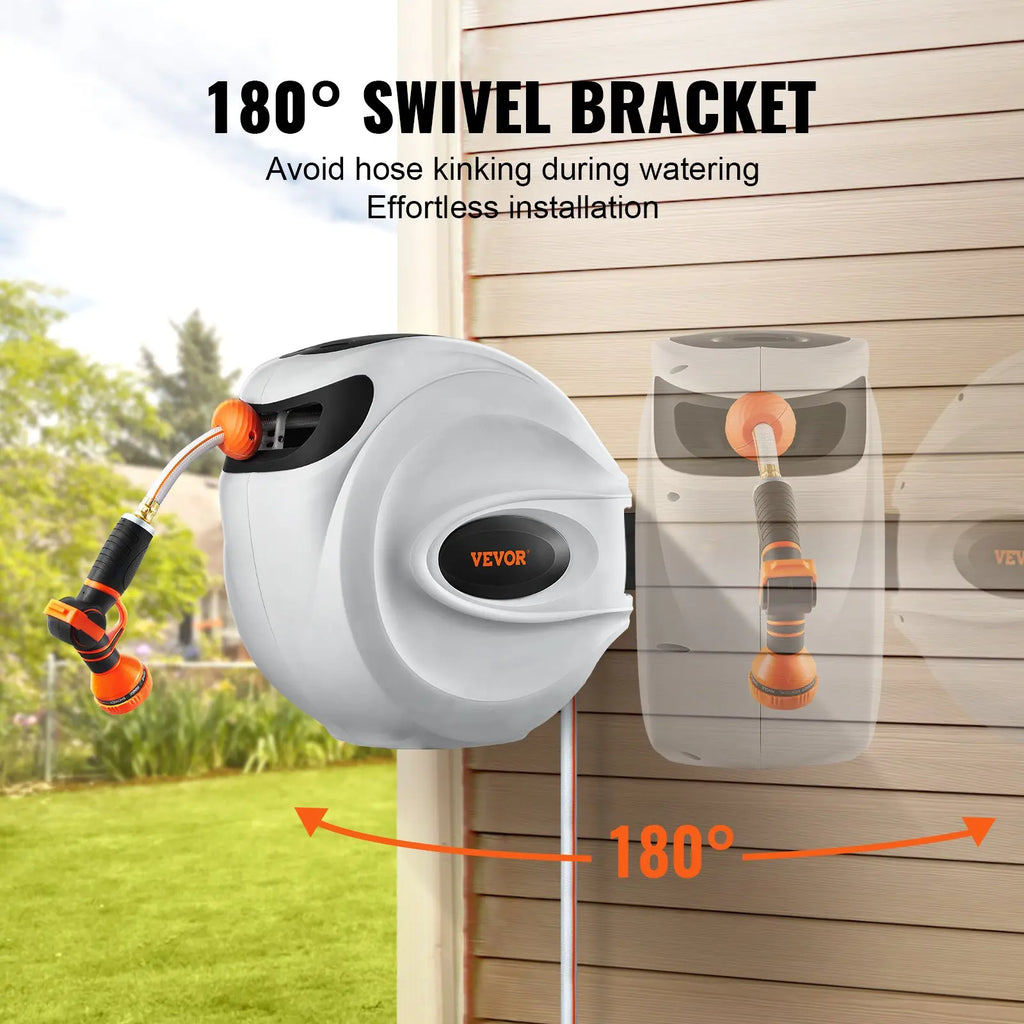 Retractable Garden Hose Reel with 9-Pattern Nozzle & 180° Swivel Bracket