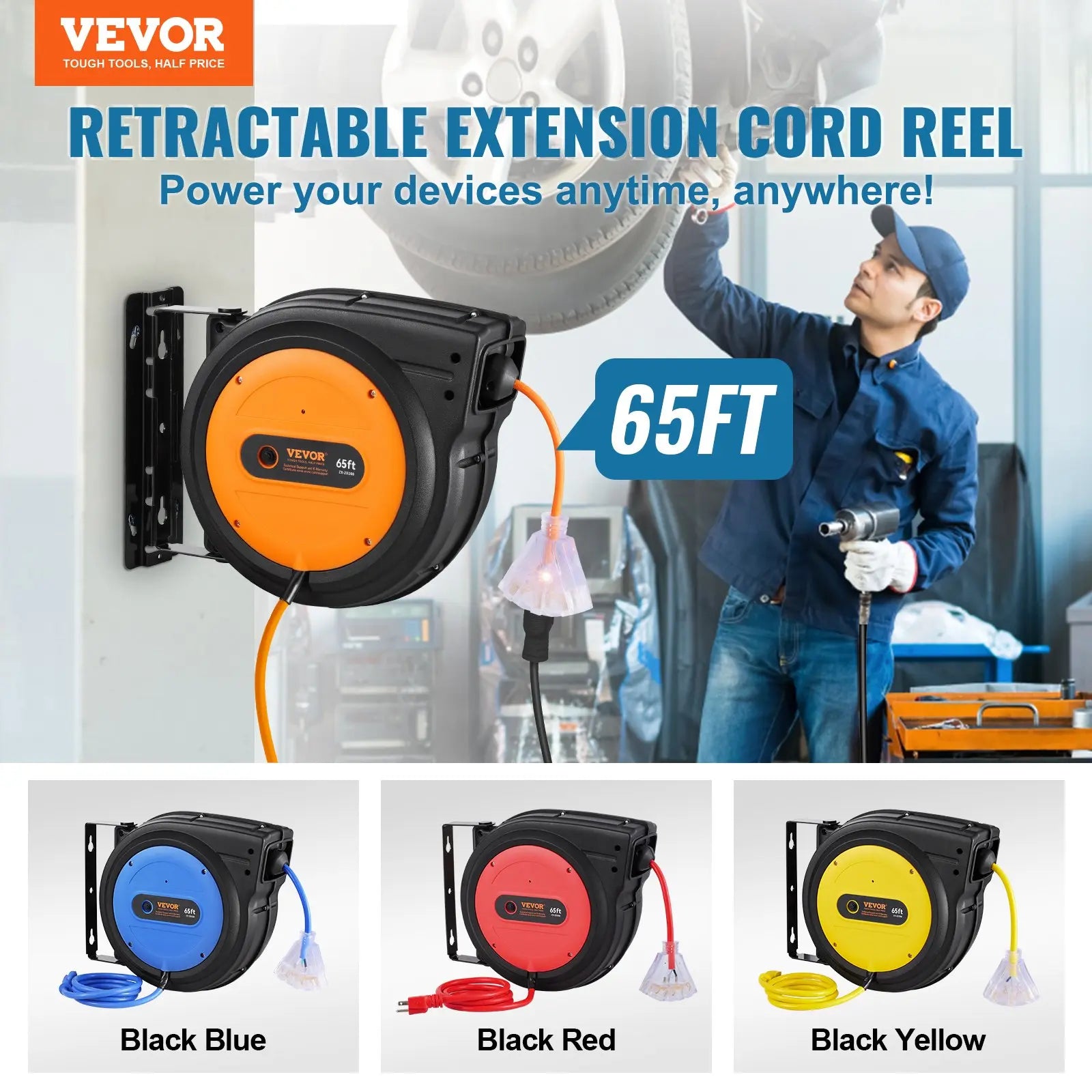 Heavy Duty Retractable Extension Cord Reel with Triple Outlet & Swivel Mount