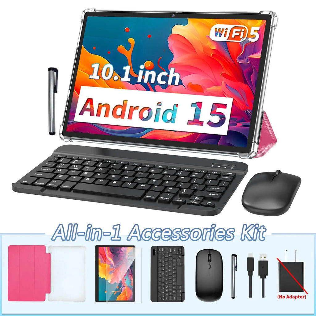 10.1 Inch Android 15 Tablet, Wireless Set with Keyboard, Mouse, Case, Stylus, Dual Camera