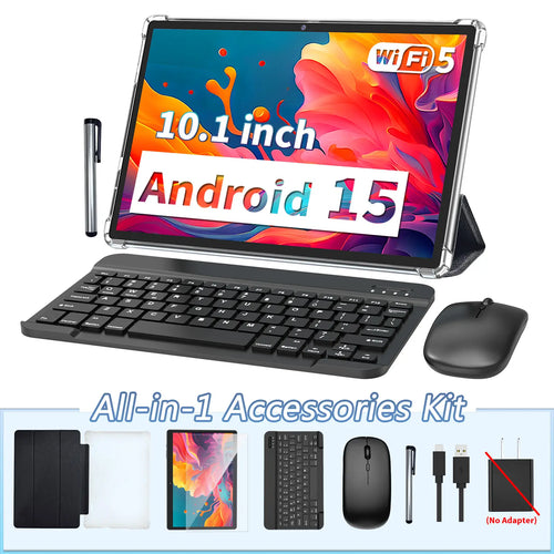 10.1 Inch Android 15 Tablet, Wireless Set with Keyboard, Mouse, Case, Stylus, Dual Camera