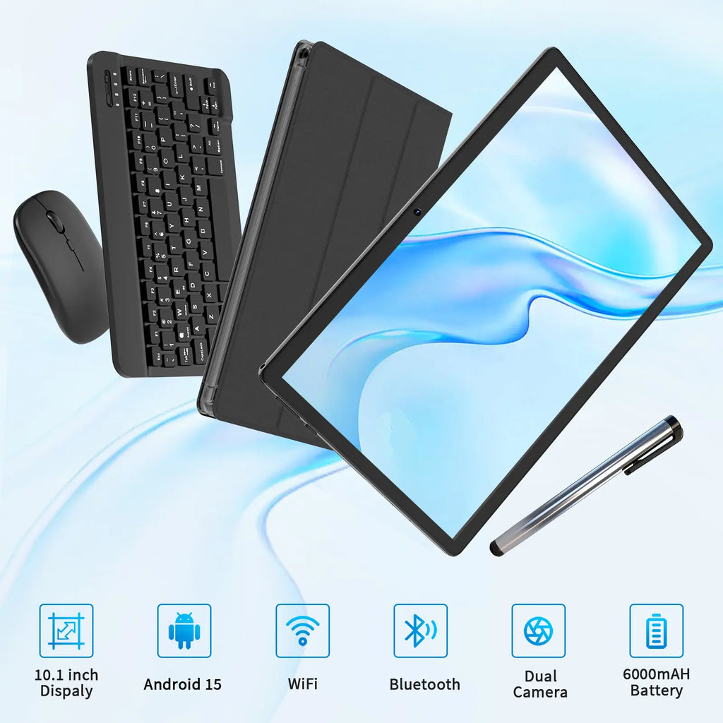 10.1 Inch Android 15 Tablet, Wireless Set with Keyboard, Mouse, Case, Stylus, Dual Camera