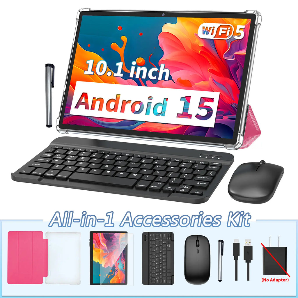 10.1 Inch Android 15 Tablet, Wireless Set with Keyboard, Mouse, Case, Stylus, Dual Camera