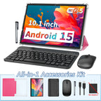 10.1 Inch Android 15 Tablet, Wireless Set with Keyboard, Mouse, Case, Stylus, Dual Camera